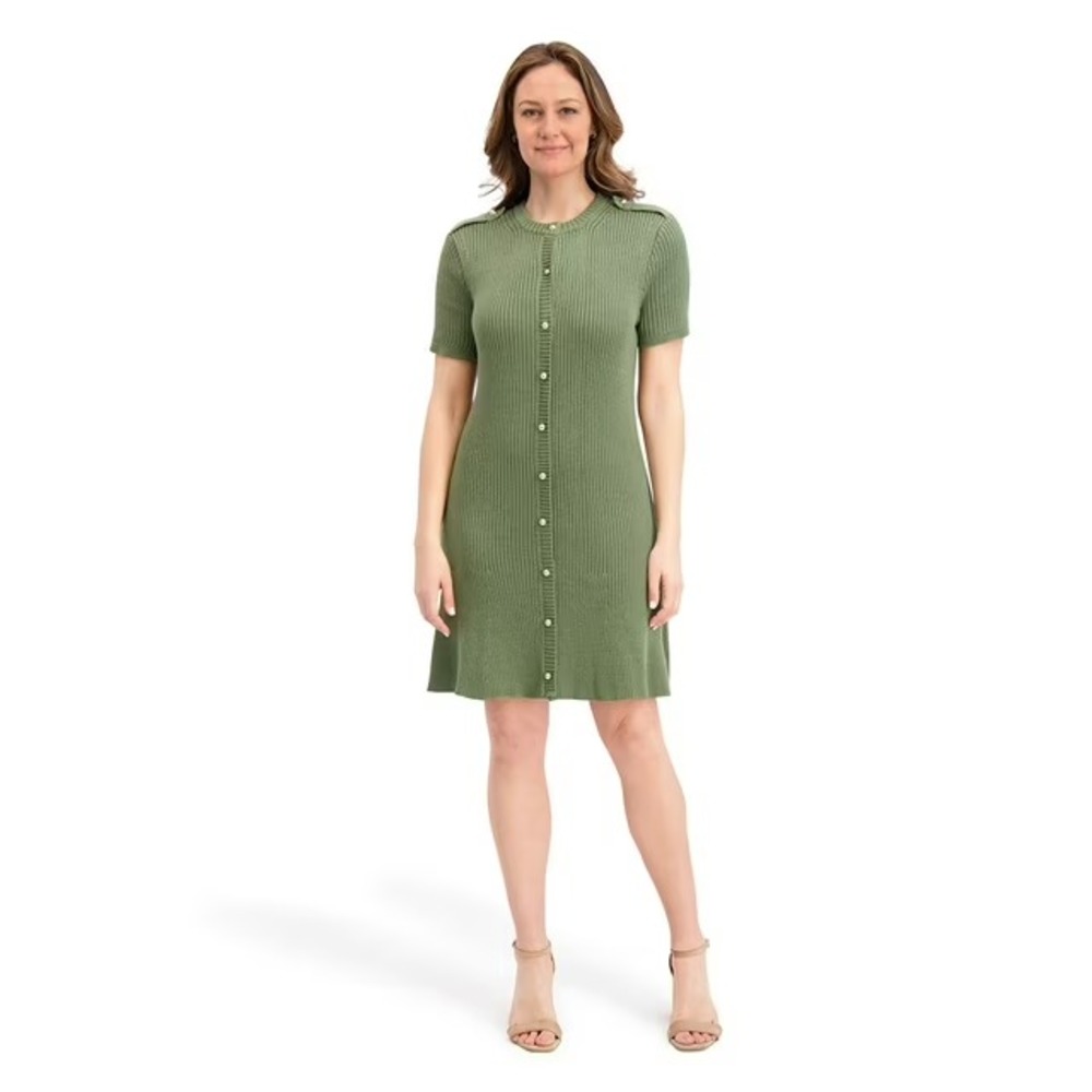 French Connection Womens Mini Sweater Dress XXL Olive Green Short Sleeve Button